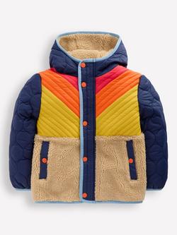 Mini Boden Kids' Borg Lined Chevron Borg Hooded Jacket, Orange/Multi, Orange/Multi
