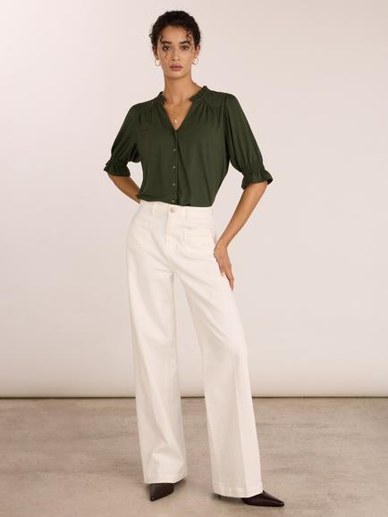 Baukjen Noa Short Sleeve Ruffle Top containing LENZING™ ECOVERO™ Viscose, Khaki - view 2, Khaki