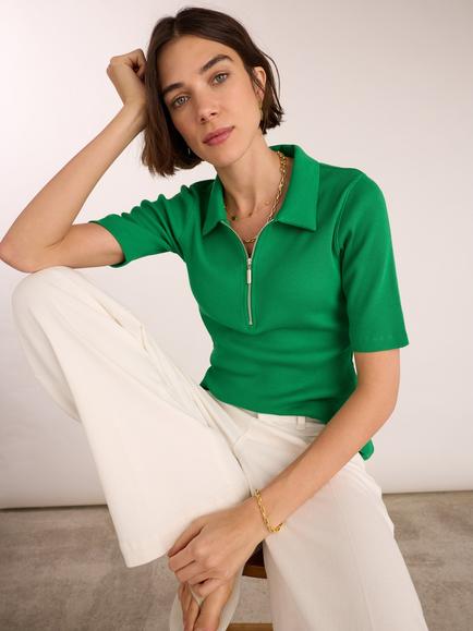 Baukjen Ivy Zip Collar Ribbed Top, Emerald, Emerald
