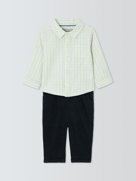 John Lewis Heirloom Collection Baby Cord Trousers & Shirt Set, Navy/Check, Navy/Check