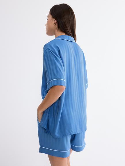Triumph Stripe Jacquard Boyfriend Shirt Pyjama Top, Cherry Rose - view 2, Blue