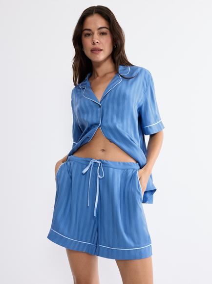 Triumph Stripe Jacquard Boyfriend Shorts Pyjama Bottoms, Cherry Rose, Blue