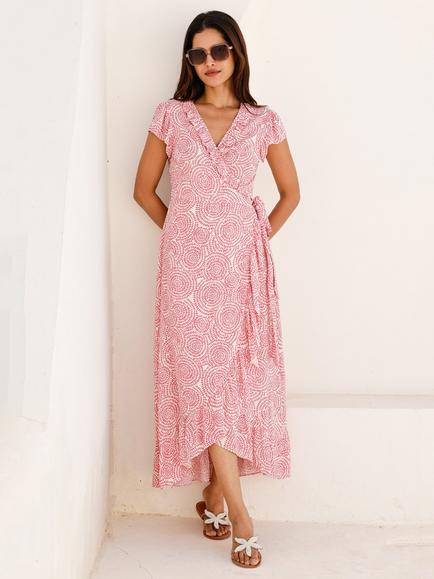Aspiga Demi Abstract Wrap Maxi Dress, White/Pink, White/Pink