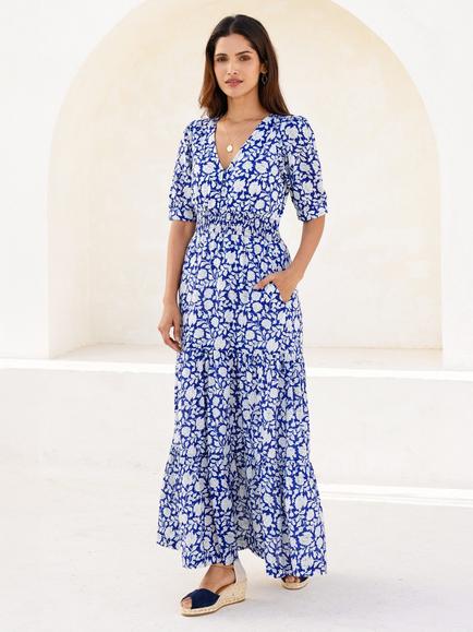 Aspiga Cheesecloth Cotton Floral Dress, Blue/White, Blue/White