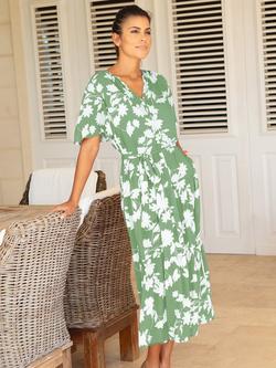 Aspiga Fit and Flare Floral Midi Dress, Sage/Cream