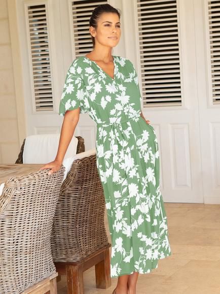Aspiga Fit and Flare Floral Midi Dress, Sage/Cream