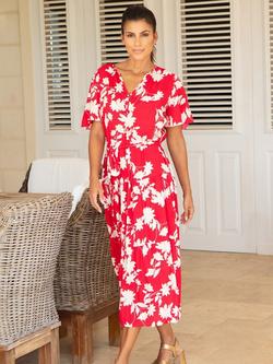 Aspiga Fit and Flare Floral Midi Dress, Red/Cream