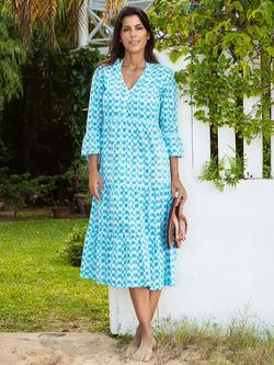 Aspiga Geometric Tiered Midi Dress, White/Turquoise, White/Turquoise