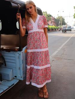 Aspiga Tiered Floral Midi Dress, Grey/Pink/Ecru