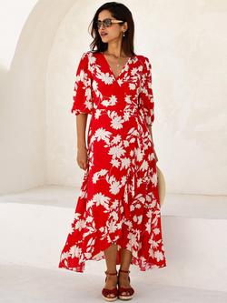 Aspiga Wrap Midi Dress, Red/Cream, Red/Cream