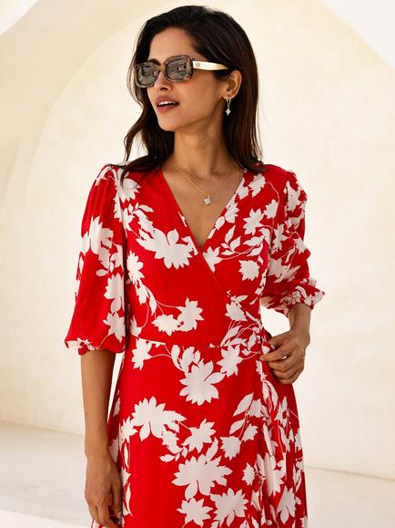 Aspiga Wrap Midi Dress, Red/Cream - view 2, Red/Cream