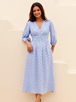 Aspiga Fit and Flare Midi Dress, Cornflower/White, Cornflower/White