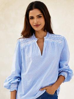 Aspiga Smocked Stripe Dobby Cotton Blouse, Blue/White, Blue/White