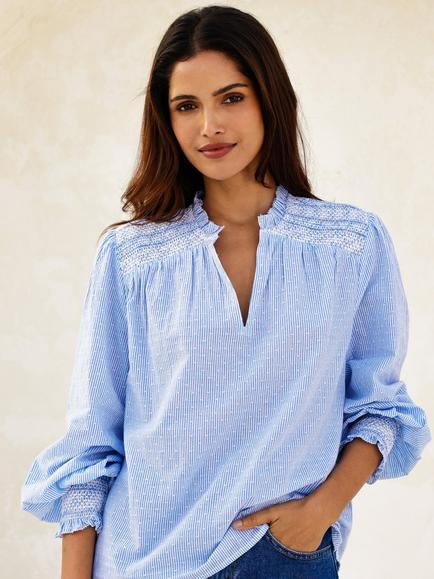Aspiga Smocked Stripe Dobby Cotton Blouse, Blue/White, Blue/White