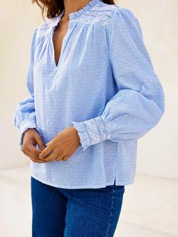 Aspiga Smocked Stripe Dobby Cotton Blouse, Blue/White - view 2, Blue/White