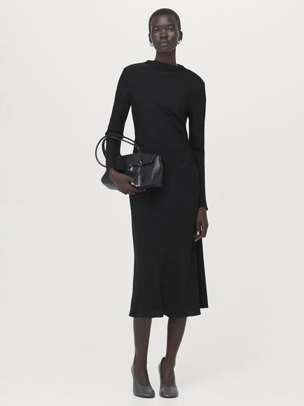 Mango Ruched Long Sleeve Midi Dress, Black, Black