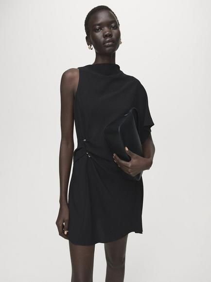 Mango Asymmetric Drape Mini Dress, Black, Black