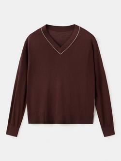 Mango V-Neck Colour Contrast Jumper, Chocolate