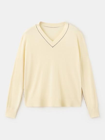 Mango V-Neck Colour Contrast Jumper, Pastel Yellow