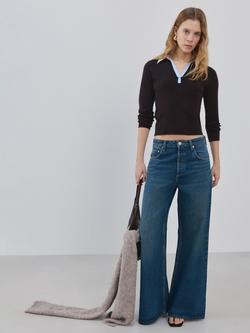 Mango Contrast Collar Long Sleeve Polo Knit Top, Chocolate, Chocolate