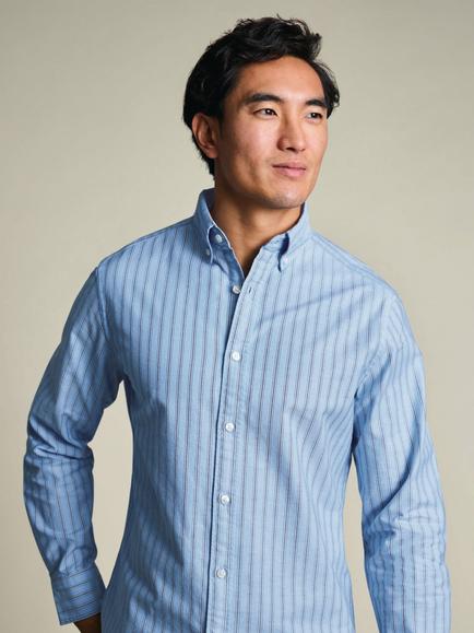 Charles Tyrwhitt Double Stripe Button Collar Stretch Washed Cotton Oxford Slim Fit Shirt, Blue - view 2, Blue