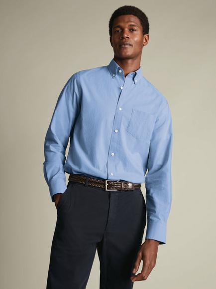 Charles Tyrwhitt Button Collar Stretch Washed Poplin Cotton Slim Fit Shirt, Cornflower Blue, Cornflower Blue