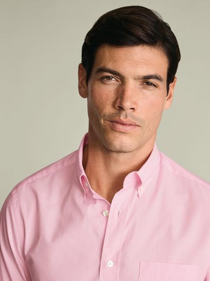 Charles Tyrwhitt Button Collar Washed Poplin Cotton Oxford Slim Fit Shirt - view 2, Pink