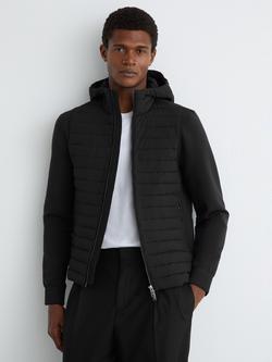 Reiss Theron Quilted Hybrid Hooded Zip Front Jacket, Black, Black