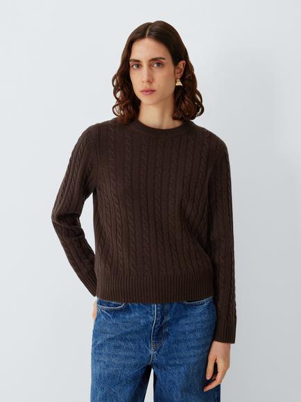 John Lewis Cashmere Cable Knit Crew Neck Jumper, Chocolate - view 2, Chocolate