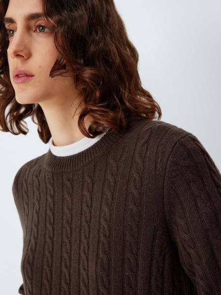 John Lewis Cashmere Cable Knit Crew Neck Jumper, Chocolate