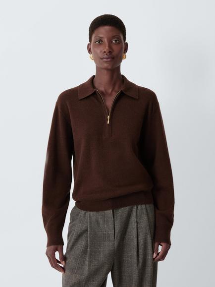 John Lewis Cashmere Zip Neck Collar Jumper, Chocolate