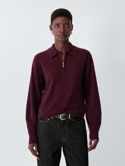 John Lewis Cashmere Zip Neck Collar Jumper, Berry