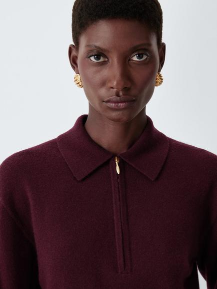 John Lewis Cashmere Zip Neck Collar Jumper, Berry