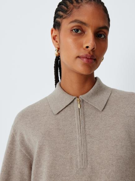 John Lewis Cashmere Zip Neck Collar Jumper, Neutrals