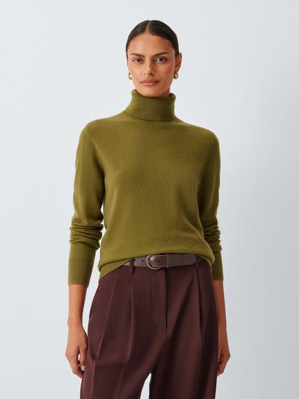 John Lewis Cashmere Roll Neck Jumper, Olive, Olive 25496