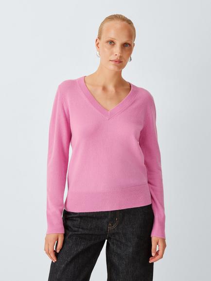John Lewis Cashmere V-Neck Jumper, Mid Pink