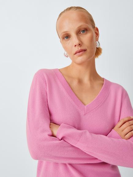 John Lewis Cashmere V-Neck Jumper, Mid Pink