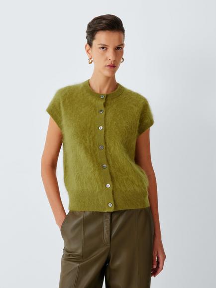 John Lewis Cashmere Brushed Sleeveless Crew Neck Cardigan, Olive