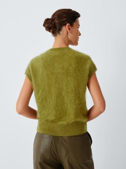 John Lewis Cashmere Brushed Sleeveless Crew Neck Cardigan - view 2, Olive