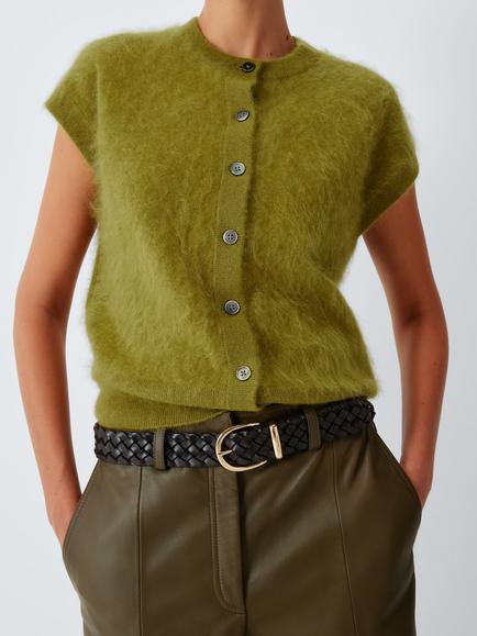 John Lewis Cashmere Brushed Sleeveless Crew Neck Cardigan, Olive