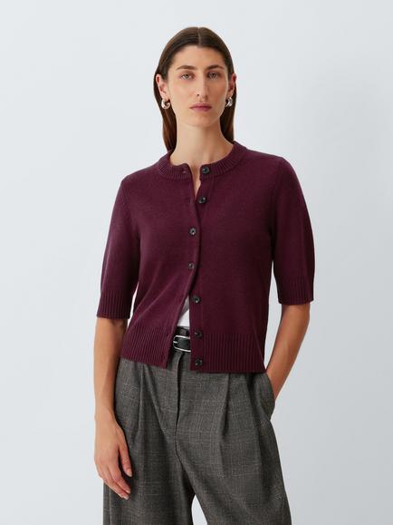 John Lewis Cashmere Crew Neck Short Sleeve Cardigan, Berry