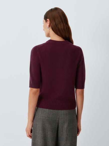 John Lewis Cashmere Crew Neck Short Sleeve Cardigan - view 2, Berry
