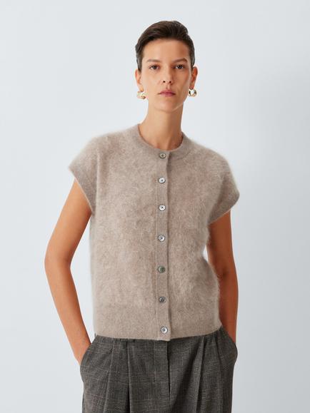 John Lewis Brushed Cashmere Sleeveless Crew Neck Cardigan - view 2, Taupe Marl