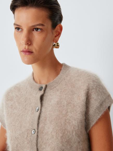 John Lewis Brushed Cashmere Sleeveless Crew Neck Cardigan, Taupe Marl
