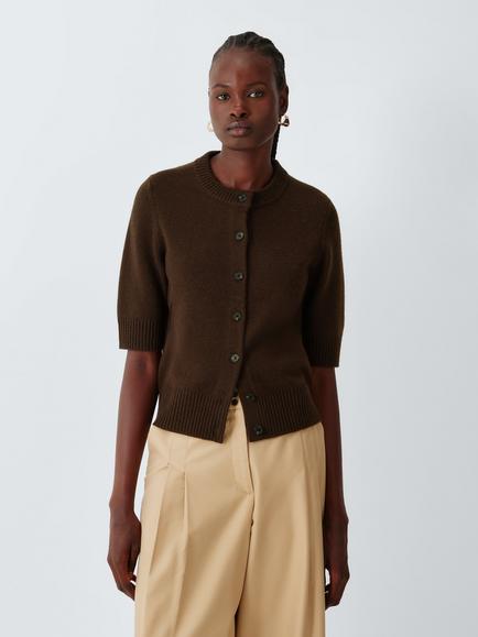 John Lewis Cashmere Short Sleeve Crew Neck Cardigan, Chocolate