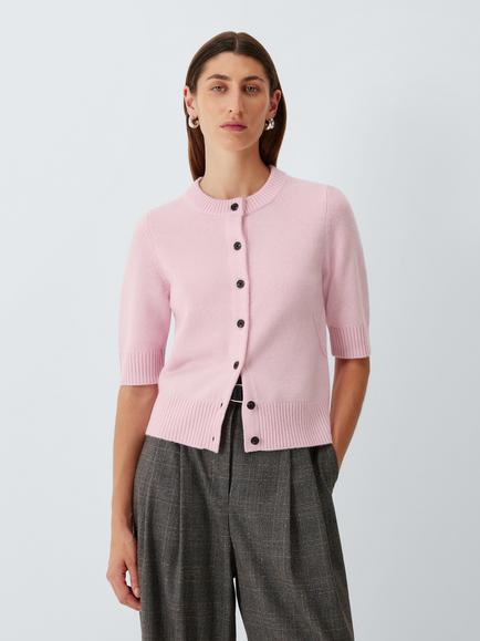 John Lewis Cashmere Crew Neck Short Sleeve Cardigan, Pale Pink, Pale Pink 02841