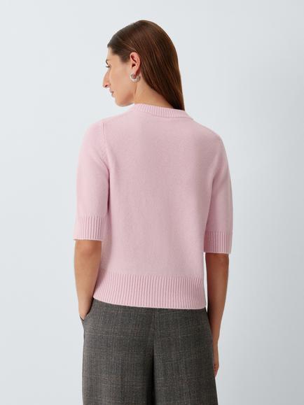 John Lewis Cashmere Crew Neck Short Sleeve Cardigan, Pale Pink - view 2, Pale Pink 02841