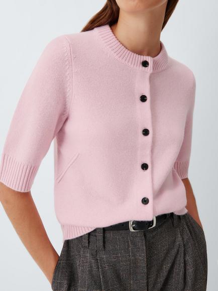 John Lewis Cashmere Short Sleeve Crew Neck Cardigan, Pale Pink