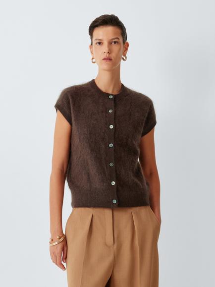 John Lewis Cashmere Brushed Sleeveless Crew Neck Cardigan, Chocolate