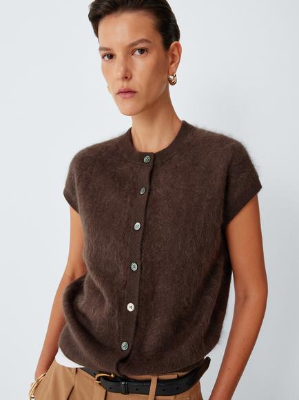 John Lewis Cashmere Brushed Sleeveless Crew Neck Cardigan, Chocolate